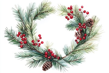 Watercolor Christmas Wreath with Pine Branches, Red Berries, and Pinecones - Festive Holiday Decoration Illustration