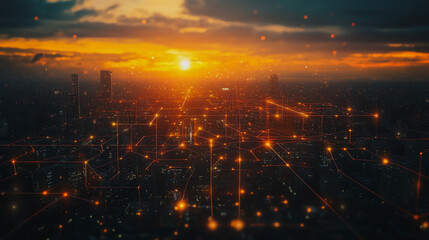 abstract professional business team people connection of line from nail node to node on cityscap and skyline background , innovation networking concept