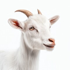 Fototapeta premium The side view of a white goat with horns is isolated on a transparent background