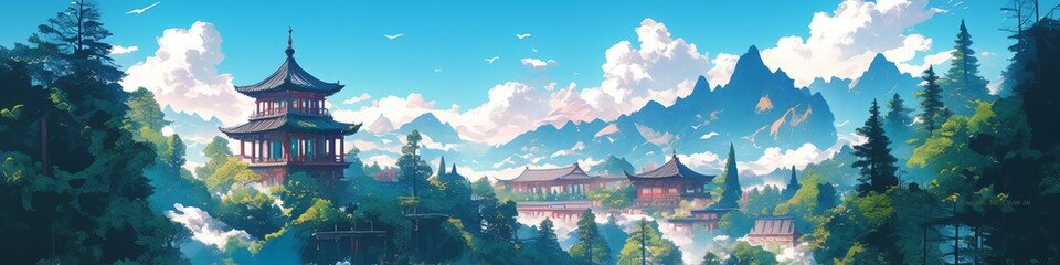 Enchanting Chinese Temple Landscape: Anime-Style Forest and Mountain Scenery for Creative Marketing. Vibrant Digital Art Illustration Ideal for UI Design, Web Posters, and 4K Wallpapers. Captivating C