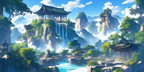 Enchanting Chinese Temple Landscape: Anime-Style Forest and Mountain Scenery for Creative Marketing. Vibrant Digital Art Illustration Ideal for UI Design, Web Posters, and 4K Wallpapers. Captivating C