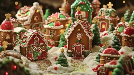 christmas decoration, A Christmas Santa village made of cookies and candy, chritsmas village landscape, gingerbread houses