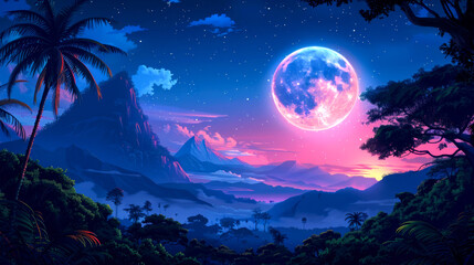 Tropical Nighttime Landscape with Pink Moon and Mountains