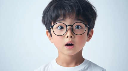Fototapeta premium Young asian boy with round glasses and dark hair, looking curiously at the camera against a light background.