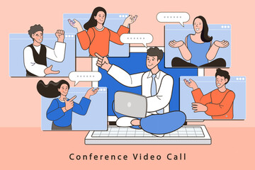 Conference video call concept. A business team leader on a giant laptop hosts a virtual meeting with remote colleagues. People collaborating and discussing online. Vector for a webinar or remote work.