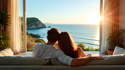 Couple relaxing on a sofa with sea view on vacation in a hotel