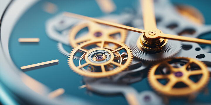  Closeup of luxury watch movement with intricate gears and jewels on blue background, showcasing precision engineering and craftsmanship for horology enthusiasts or timepiece collectors