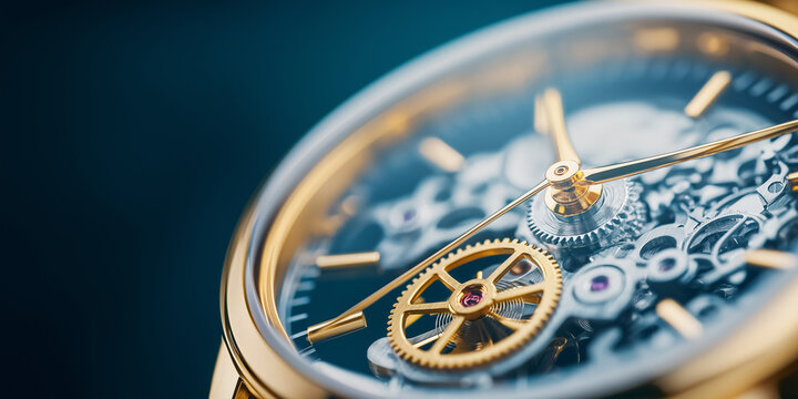  Closeup of luxury watch movement with intricate gears and jewels on blue background, showcasing precision engineering and craftsmanship for horology enthusiasts or timepiece collectors