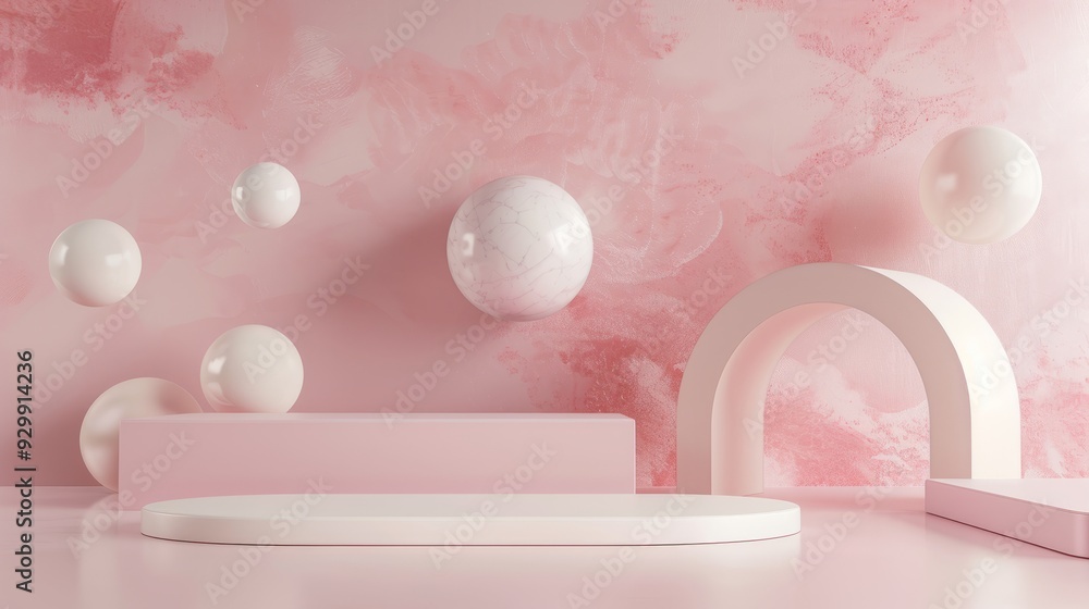 Poster Soft pink walls complement floating spheres and curved forms in a calming aesthetic, creating a harmonious and modern visual display