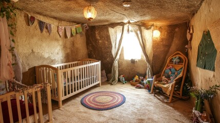 Obraz premium A rustic nursery with a crib, a rocking chair, and a round rug.