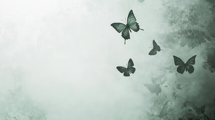 A serene background featuring floating green butterflies against a soft, misty backdrop.