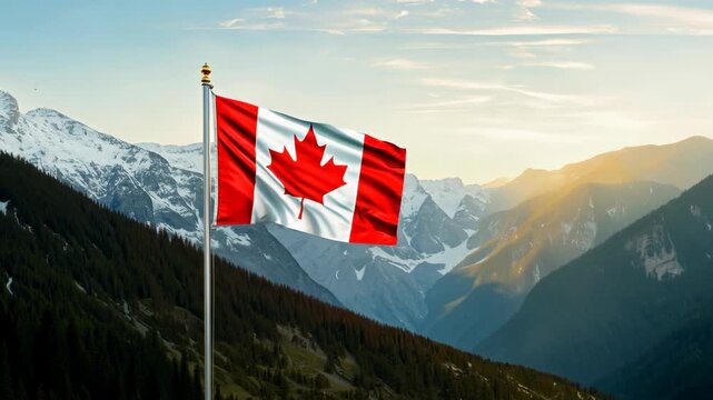 Canada flag waving against mountains landscape background at sunset. Patriotism and national pride concept. Government and politics. Cultural heritage. Democratic elections