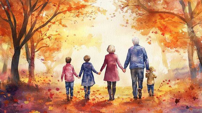 Grandparents with their grandchildren walking through a colorful autumn forest, holding hands, watercolor style