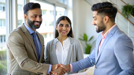 Indian Real Estate Broker Closing Deal - Real estate broker finalizing a property deal with satisfied clients.
