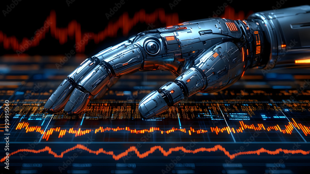 Poster robotic hand interacting with digital data visualization.