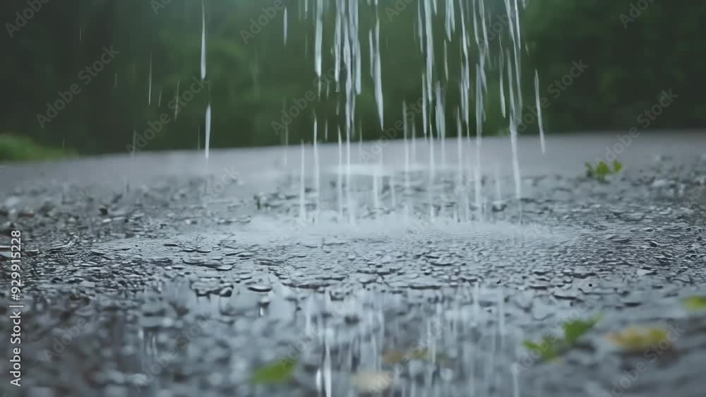 Poster rain gently falls on asphalt, creating shimmering puddles reflecting blurred trees, adding nature to