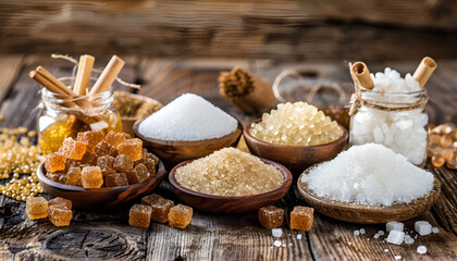 Fototapeta premium Different types of sugar on wooden table