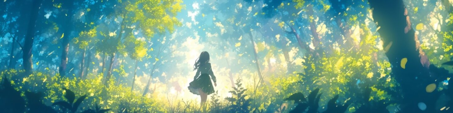 Enchanting Anime-Style Girl Walking Alone in Magical Forest: Creative Abstract Design for Seasonal Marketing. Whimsical Digital Art for Christmas Cards, Winter Themes, and Storybook Illustrations. Ver