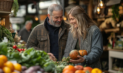 Senior couple selecting fresh produce at local market for Thanksgiving, planning holiday feast. Mature shoppers preparing traditional dishes amid autumn harvest atmosphere