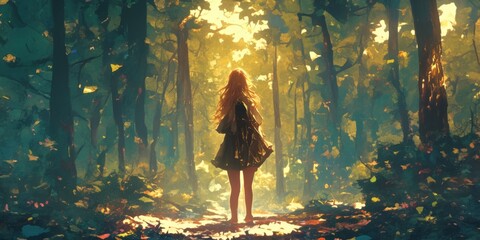 Enchanting Anime-Style Girl Walking Alone in Magical Forest: Creative Abstract Design for Seasonal Marketing. Whimsical Digital Art for Christmas Cards, Winter Themes, and Storybook Illustrations. Ver