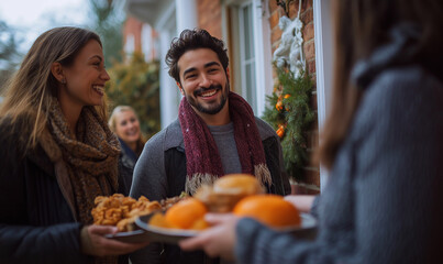Family members arriving at home with Thanksgiving dishes, greeting each other warmly at door for festive holiday gathering. Joyful reunion and welcoming atmosphere 