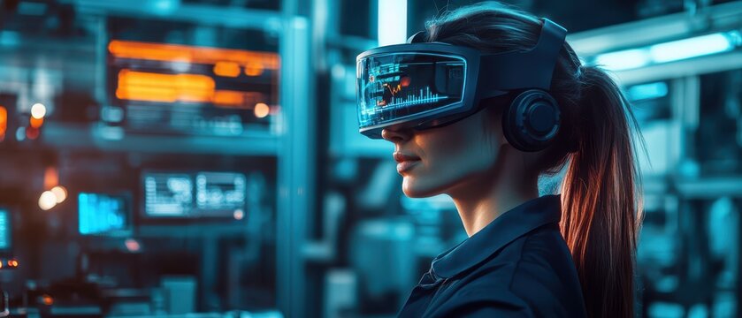 Female factory manager using augmented reality glasses to monitor production efficiency in realtime