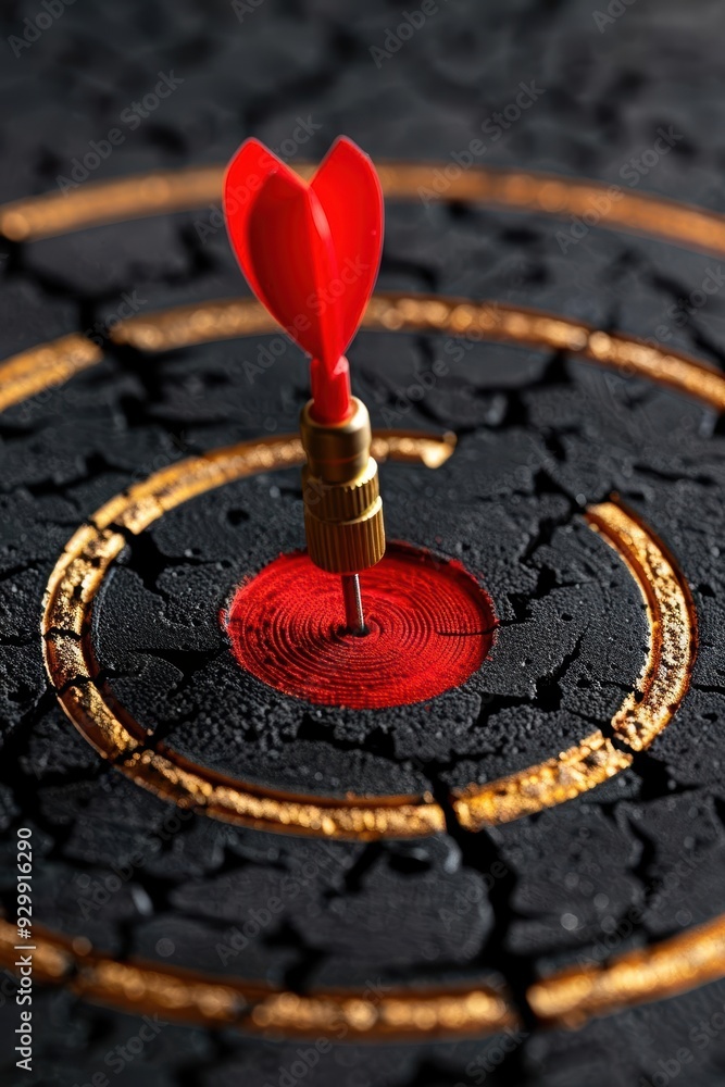 Poster a close-up of a dart embedded in a target, symbolizing precision, focus, and achievement in a compet