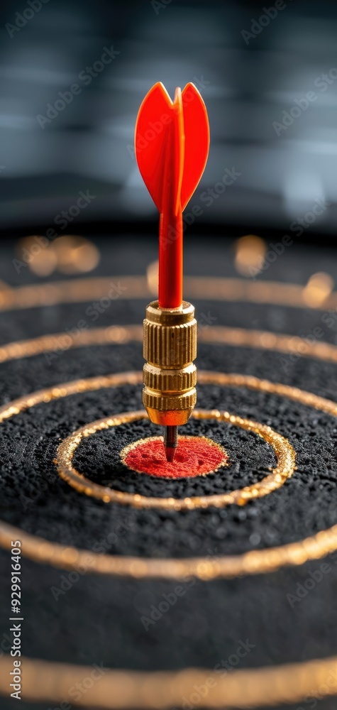 Poster a close-up view of a dart stuck in the center of a dartboard, symbolizing precision and success in a
