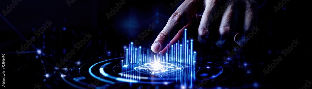 Poster a futuristic hand interacting with a glowing digital interface, showcasing technology and innovation