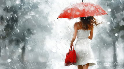 Stylish woman in a white dress, holding an umbrella and red handbag, walking through heavy rain, oil painting effect, realistic style, blurred background of trees and gray sky