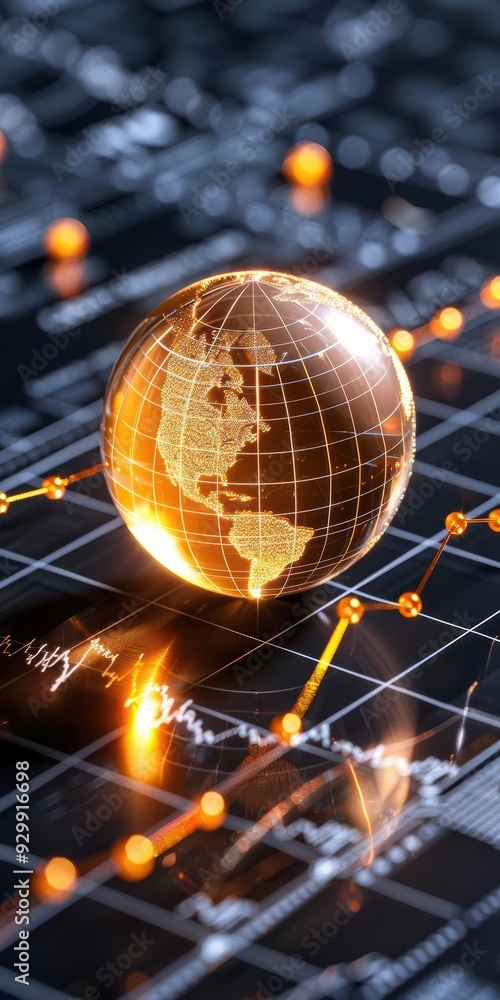 Poster a reflective globe on a digital chart illustrates global trends and data analysis in finance and tec