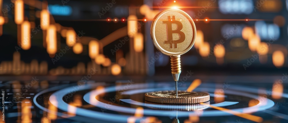 Poster a vibrant representation of bitcoin showcasing its value amidst a dynamic financial backdrop with gl