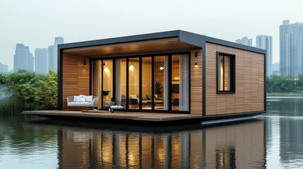 Fototapeta premium Modern floating home on a calm lake with a city skyline in the background.