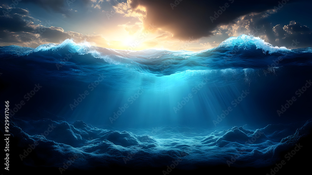 Poster serene underwater scene with sunlight filtering through waves.