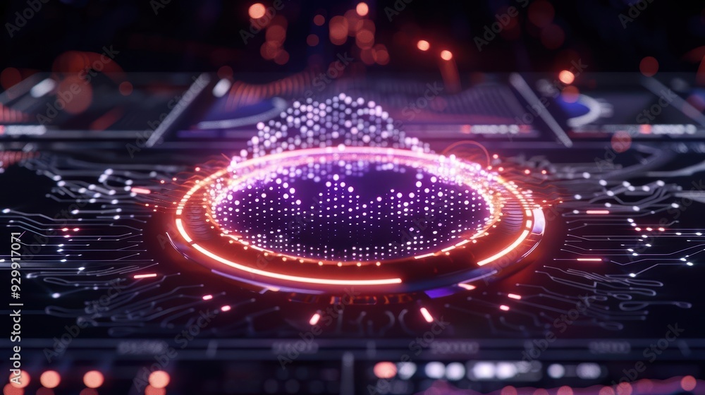 Poster dynamic digital composition featuring vibrant particles and glowing circles, symbolizing technology 