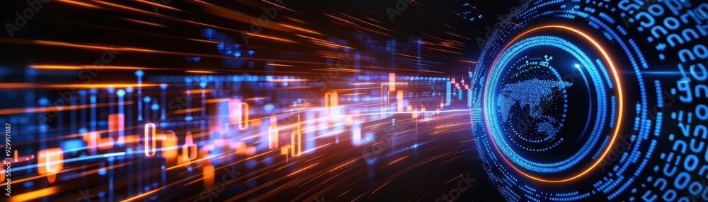 Poster dynamic digital abstract with vibrant lines and glowing elements representing modern technology and 