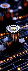 Close-up of metallic gears with dollar symbols, representing technology and finance fusion in a digital world.