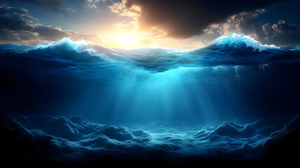 Serene underwater scene with sunlight filtering through waves.