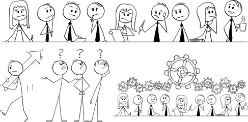 Stick Figure Business Team Illustrations Depicting Office Workers in Various Situations with Teamwork, Leadership, Problem Solving, and Corporate Communication Concepts for Vector Designs