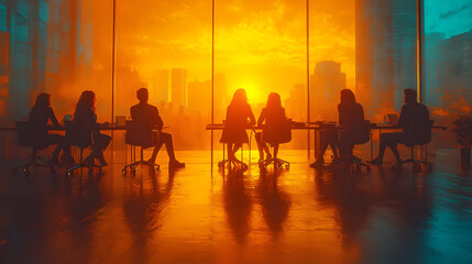 Naklejka premium Silhouettes of professionals in a meeting against a sunset backdrop.