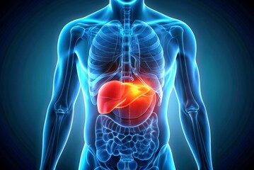 A man's internal organs are shown in a blue and red color scheme