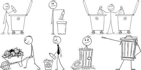 Stick figure vector illustrations showing waste management activities, including recycling, trash collection, and garbage disposal, ideal for environmental campaigns