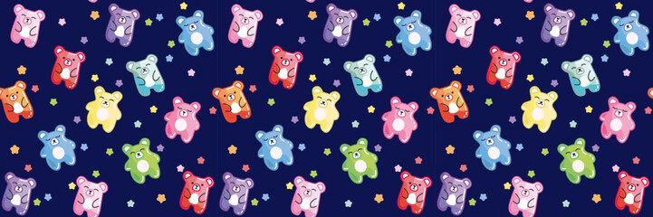 Children s seamless pattern for toddlers. Cute bears on a dark background with stars. Seamless pattern for baby textiles, packaging, backgrounds, wallpapers. Modern flat illustration.
