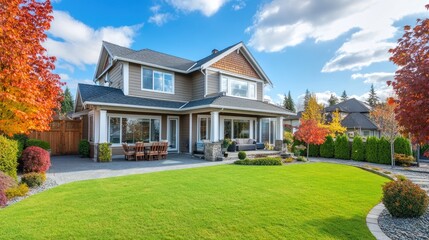 A beautiful two-story home with a large yard and a patio set in front