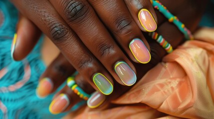 The hand features artistic nail designs, showcasing various colors and styles with jewelry adorning the fingers