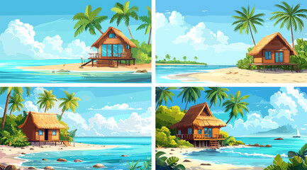 Hut seaside cabin cartoon vector scenes. Tropical bungalow palms sand coast platform home ocean sea marine isle resort secluded cottage artworks