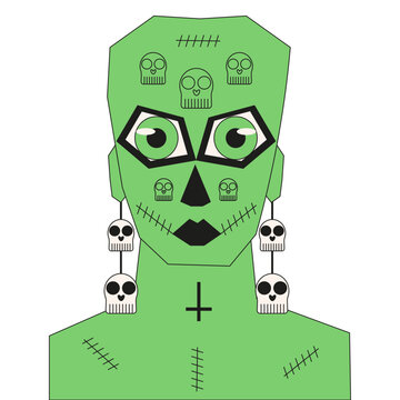 Zombie girl in trendy brutal geometric style isolated transparent background. Halloween profile picture template design. Flat Helloween vector illustration t-shirt print poster party flyer cover. 