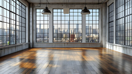 Spacious industrial-style room with large windows and city view.