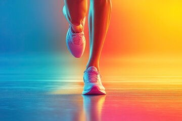 A dynamic marathon poster showcasing a close-up of a runner legs in motion, with a vibrant, colorful gradient background.