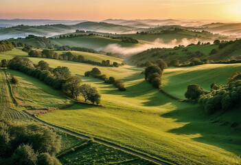 Fototapeta premium Aerial Vista of Verdant Valley Bathed in Golden Sunrise Light, Nature's Serene Majesty